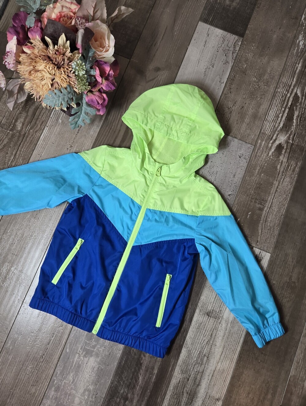 wonder nation Neon Green, Aqua & Royal Blue Colorblock Windbreaker Jacket NWOT